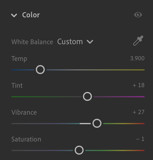 Lightroom Color panel with custom White Balance settings, Temperature set around 3900 Kelvin and Tint adjusted toward magenta for correcting LED indoor lighting.